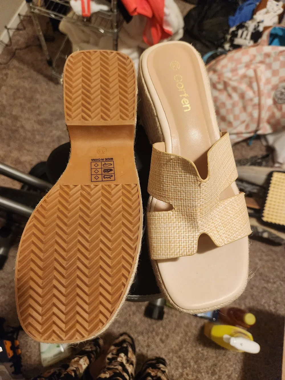 Beige Woven Espadrille Wedge Slides